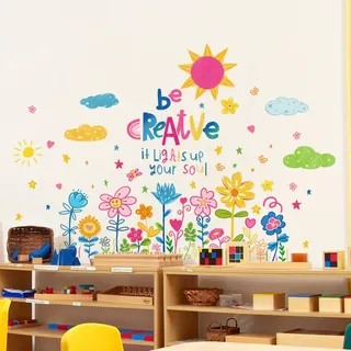 Fufuquare DIY Niedliche Cartoon Farbige Blumen Wandtattoo Sonne Wolke und Stern Vinyl Wandaufkleber für Kinderzimmer Badezimmer Klassenzimmer