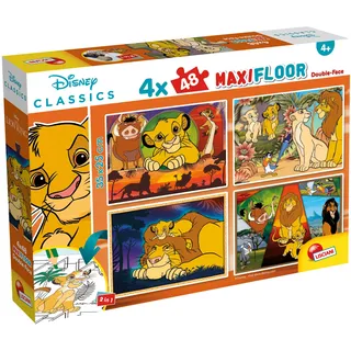 Lisciani - Puzzle Disney KÖNIG DER LÖWEN Maxifloor - 4x48 Teile - Doppelseitig für Kinder ab 4 Jahren - Rückseite mit Ausmalszenen - Format 35x25 cm - Kreatives Spiel - Geschenkidee zum Geburtstag