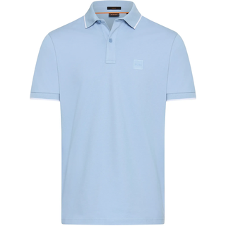 Poloshirt BOSS ORANGE "Passertip", Herren, Gr. L, blau (open blau470), Piqué, Obermaterial: 95% Baumwolle, 5% Elasthan, unifarben, slim fit hüftbedeckend, V-Ausschnitt, eingesetzt Bündchen, Shirts Poloshirt, mit BOSS Logo-Badge