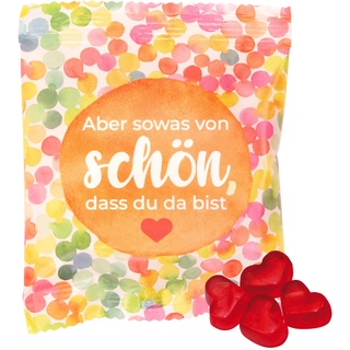 25x süße Gast-Geschenke-Tütchen: farbenfrohe Tüte, mit Schriftzug, gefüllt mit echten Trolli Herzgummibärchen mit 10% Fruchtsaft, 10g, Aber sowas von schön, dass du da bist", perfektes Mitbringsel