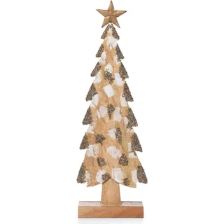 Weihnachtsdeko Holzbaum 63 cm aus Mangoholz mit goldenem Stern handbemalt und verziert dekorative Holzfigur mit Glitter für Kommode oder Fensterbank - Gold