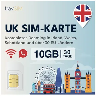 travSIM UK SIM Karte | 10 GB + unbegrenzte Anrufe und SMS innerhalb Großbritanniens | Roaming in über 30 EU-Ländern, darunter Irland, Schottland und Wales | SIM Karte UK ist 30 Tage lang gültig
