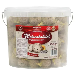 Fidelio Meisenknödel mit Netz, ganzjähriges Wildvogelfutter proteinreich / energiereich, hochwertiges Vogelfutter für Wildvögel, 100 Stück im Eimer, 8.3 kg