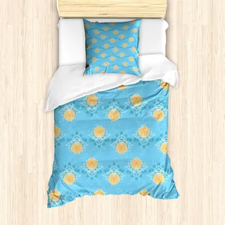 ABAKUHAUS Lotus Mantele, Japanische Themed Flora, Milbensicher Allergiker geeignet mit Kissenbezügen, 135 cm x 200 cm - 80 x 80 cm, Marigold Blau Weiß - Blau