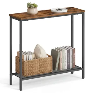 VASAGLE Konsolentisch, Flurtisch, Einteilige Tischplatte, einfache Montage, schmaler Sofatisch, für Flur, Schlafzimmer, Wohnzimmer, 2 Ebenen, 24 x 80 x 81,2 cm, vintagebraun-tintenschwarz LNT036KD01