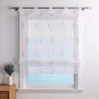 ESLIR Raffrollo mit Schlaufen Gardinen Küche Modern Raffgardinen Transparent Schlaufenrollo Bestickt Vorhänge mit Stickerei Violett BxH 80x140cm 1 Stück