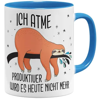 OM3® lustige Faultier Kaffee-Tasse mit Spruch - Ich atme produktiver wird es heute nicht mehr - Sloth - Keramik Becher - 325ml - Beidseitig Bedruckt - Hellblau