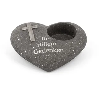 Novaliv Grabschmuck Herz Anthrazit mit Kreuz Spruch In stillem Gedenken Grabdeko Grabherz Wetterfest Grabdekoration Gedenkstein Teelichthalter Trauerstein