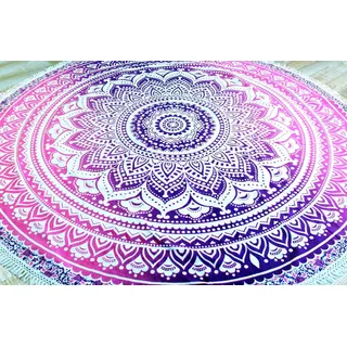 GURU SHOP Rundes Indisches Mandala Tuch, Boho Tagesdecke, Picknickdecke, Stranddecke, Runde Tischdecke - Weiß/pink, Baumwolle, 180x180x0 cm