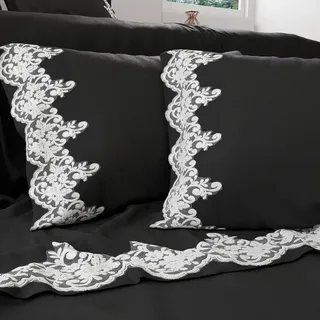 PETTI Artigiani Italiani - Perkal, Bettlaken für Doppelbett mit Spitze, Perkal, Bettwäsche-Set für Doppelbett, Schwarze Spitze, 100% Made in Italy