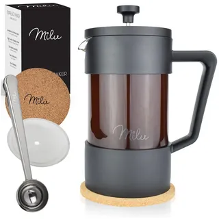MILU French Press Kaffeebereiter | 350ml, 600ml, 1L | Glas Kaffeepresse, Kaffeezubereiter für Zuhause Reisen Camping inkl. Untersetzer, Löffel, Ersatzfilter (Schwarz, 350ml (2 Tassen)