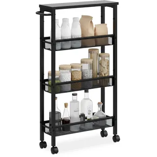Relaxdays Nischenwagen, HBT: 77 x 13 x 45,5 cm, schmales Nischenregal Bad & Küche, 4 Ebenen, Rollregal Metall, schwarz