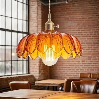 Pendelleuchte Glas,Vintage Hängelampe mit Orangefarbenem Blumenmuster,Verstellbares Kabel,Lampenaufhängung für Wohnzimmer,Schlafzimmer,Küche,Esszimmer,Kinderzimmer,Orange Glas-Schirm,Messingbasis