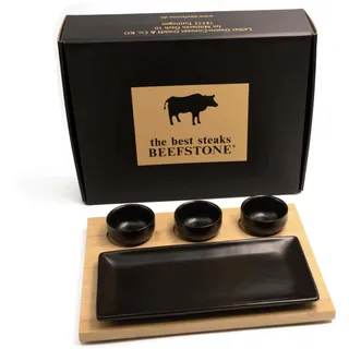 BEEFSTONE Beilagen Brettchen aus Bambus mit 3 Dipschälchen und 1 Beilagenplatte, geeignet als Snackschalen, Saucenschälchen und als Servierschalen-Set