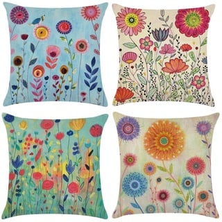 COWORK-UP 4er Set kissenbezüge 45x45cm Kissenbezug Bunte Blume Dekorative kissenhüllen für Schlafzimmer Wohnzimmer Büro Garten Sofa, Baumwolle Leinen Zierkissenbezug mit unsichtbarem Reißverschluß