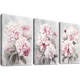 3Pcs Grau Rosa Hortensien Blumen Mit Rahmen Leinwand Bilder Pfingstrose Blumen Blüte Bild auf Leinwand Malerei Poster Wandbilder Wanddeko Wohnzimmer Schlafzimmer Dekorationen 120x60cm (16"x24"x3pcs)