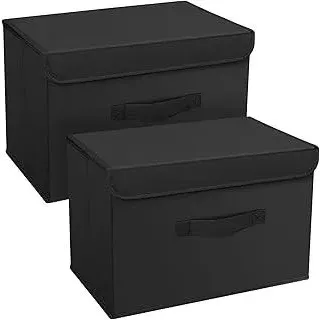DIMJ 2 Stück Aufbewahrungsboxen mit Deckel, Faltbare Aufbewahrungskiste mit Griff, Aufbewahrungskorb Stoff, Ordnungsboxen Kleiderschrank Organizer, Faltbox für Kleidung, Schwarz