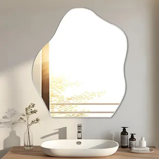 EONAZE Spiegel Asymmetrisch Wandspiegel Organische Form Rahmenloser Asymmetrischer Spiegel Bad Groß Badezimmerspiegel 47.7x38cm HD Glas Spiegelfliesen Selbstklebend Klebespiegel