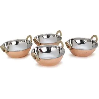 Zap Impex Karahi Servierschalen – 4-teilig – Kupfer gehämmert & Edelstahl innen – 15 cm (400 ml) – Indisches Serviergeschirr für Curry, Biryani & Beilagen