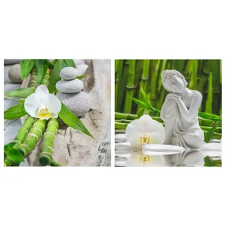 levandeo 2er Set Glasbild 30x30cm Buddha Weiße Orchidee Bambus Wandbild Deko - Weiß