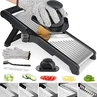 Unyqoos® Mandoline-Gemüseschneider – verstellbar 1–9 mm, mit schnittfesten Handschuhen & Lebensmittelhalter, Edelstahl - Schwarz