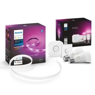 Philips Hue White & Color Ambiance E27 2er Starter Set inkl.Hue Bridge + 2m Lightstrip Basis, 2x806lm, bis zu 16 Mio. Farben, dimmbar, steuerbar via App, kompatibel mit Amazon Alexa (Echo, Echo Dot)