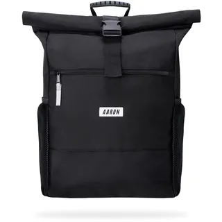 AARON Rolltop Rucksack Damen und Herren, mit Laptopfach, inkl. AirTag Halter, Daypacks, Rollrucksack aus recycletem PET für UNI, Reisen, Alltag, Rolltop Backpack in schwarz und Blumen