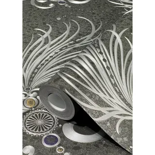 Glööckler Vliestapete Imperial ornamentaler Federschmuck Schwarz-Silber