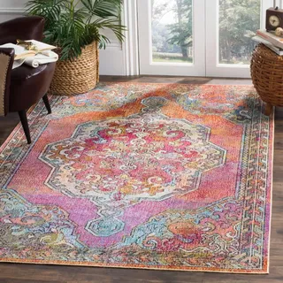SAFAVIEH Boho Teppich für Wohnzimmer, Esszimmer, Schlafzimmer - Crystal Collection, Kurzer Flor, Orange und Hellblau, 201 X 279 cm