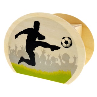 Hess Holzspielzeug 20013 - Kinder-Spardose aus Holz mit Fußball-Motiv inkl. Gummischloss, handgefertigt, für Geld-Geschenke zum Geburtstag, ca. 11,5 x 8,5 x 6,5 cm groß