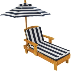 KidKraft Outdoor Liegestuhl mit Sonnenschirm für Kinder, Sonnenliege mit Kissen Weiß Marineblau gestreift, Gartenmöbel aus Holz für Kinder, 00105