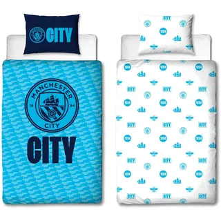 Manchester United Manchester City FC Offizielles Bettwäsche-Set für Einzelbett, Crestcol-Design, wendbar, 2-seitig, Fußball-Bettwäsche, offizielles Lizenzprodukt, inkl. passendem Kissenbezug