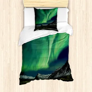 ABAKUHAUS Nordlicht Mantele, Polaris Berg, Milbensicher Allergiker geeignet mit Kissenbezügen, 135 cm x 200 cm - 80 x 80 cm, Armee-Grün, Blau, Grau