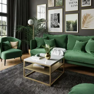 Kaffetisch NOVA mit Ablage Gold matt, Gold Matt / Weiß Hochglanz - Weiß