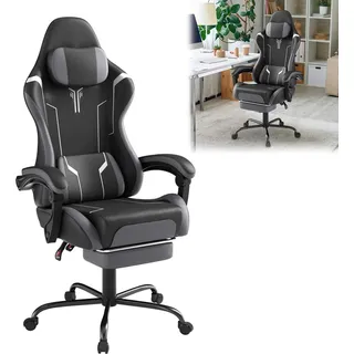 Sessamen-LP Gaming Stuhl Ergonomisch Computerstuhl Massage Gaming Sessel Bürostuhl Drehstuhl mit Massage Lendenkissen, Fußstütze, Gepolsterte Armlehnen Kopfstütze Schreibtischstuhl, Grau und Weiß - Grau