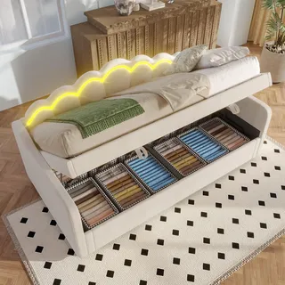 Sweiko Tagesbett, Schlafsofa, Hydraulisch Bett, Mit Stauraum, Einzelbett (Ohne Matratze), Samt, Farbwechselbarer LED-Streifen, 90x200cm, Beige - Beige