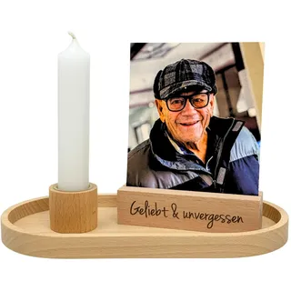Gedenkset mit Kerzenhalter & Kartenhalter – Erinnerung an Verstorbene – graviert oder personalisiert – Holz Deko für Trauer & Gedenken (Geliebt und unvergessen)