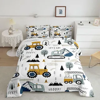 Feelyou Cartoon-Auto-Bettwäsche-Set für Jungen, Kleinkinder, Dekoration, LKW, Tröster, Cartoon-Auto, Bagger, Traktor, Weiß/Gelb, 3-teiliges Bettwäsche-Set für King-Size-Betten
