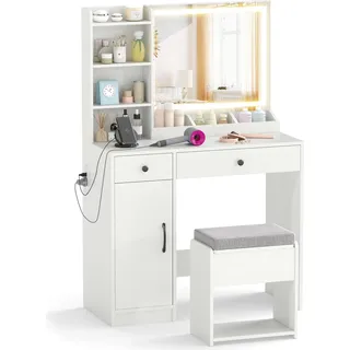 COSTWAY Schminktisch, Frisierttisch-Set mit LED-Spiegel, Hocker, Steckdosen, Schrank, 2 Schubladen, 3 Regale & 3 Fächer Kosmetiktisch 90x40x135cm Weiß - Weiß