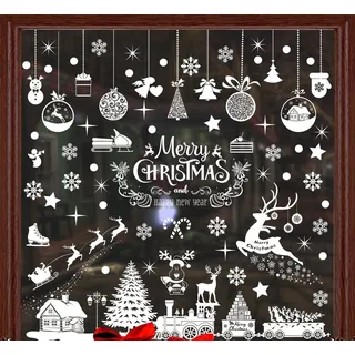 afxxe 104 Stk Fensterbilder Weihnachten Selbstklebend Groß, Fensterdeko Weihnachten weiß, Weihnachtsfensterbilder Wiederverwendbar, Schneeflocken Fenster Fenstersticker Weihnachten für Shop Winter