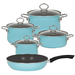 RIESS NOUVELLE KRISTALLBLAU Topf-Set 5-tlg. Fleischtopf 16 cm + Fleischtopf 20 cm + Kasserolle 20 cm + Bratpfanne 28 cm