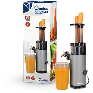 Genius Slow Juicer Entsafter Mini für Gemüse Obst 9 tlg, Kaltpressjuicer, 130 W, geräuscharm, schlichtes Design, leichte Früchte Saftpresse elektrisch - Grau