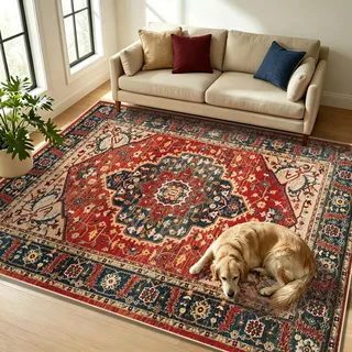 WUTONG Vintage Teppich Wohnzimmer 120x170 cm Rot,Orientalischer Teppich Waschbar rutschfest Kurzflor,Ideal für Home Office Arbeitszimmer,Retro Boho Design