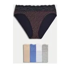 Womens M&S Collection 5pk Cotton Rich Printed High Leg Knickers - Blue Mix, Blue Mix - 8