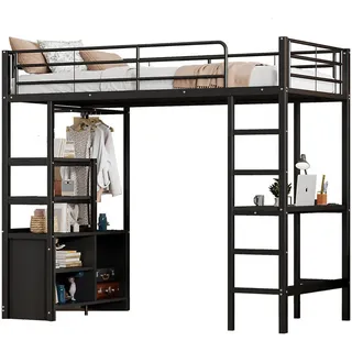 Redom Hochbett 90/200 cm aus Metall mit Schreibtisch, Steckdose, Usb, Regalen und offenem Schrank, Schwarz , 90x200 cm , Babymöbel & Kindermöbel, Kinderzimmer & Jugendzimmer, Kinderbetten, Hochbetten