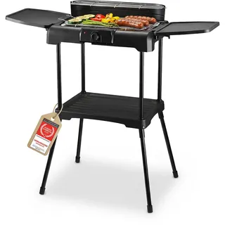 TZS First Austria - Elektro Standgrill 2200W - 2-in-1 Tischgrill mit Windschutz - Stufenloser Hitzeregler - Rauchfreies Grillen mit 2 Seitentischen - Balkon & Tischgrill - Schwarz