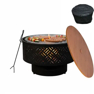 Relaxdays Feuerschale, Ø 66 cm, mit Grillrost, Deckel, schwarz/Natur | Schürhaken & wasserdichter Abdeckung, Feuerstelle