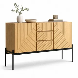 Stilvora Sideboard in Schwarz Standschrank mit 2 Türen, 3 Schubladen & Metallbeinen, mit Linien-Design, B140/T40/H75cm , Naturfarben , Rechteckig , rund , 140x75x40 cm , Kleinmöbel, Kommoden, Sideboards