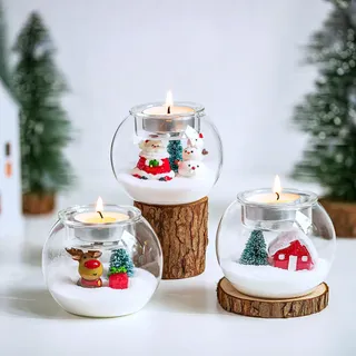 Hewory Weihnachtsdeko Tisch Teelichthalter Weihnachten: 3er Set Teelichtgläser Weihnachtsdorf Deko Windlicht Weihnachts Tischdeko Innen Kerzenhalter Christmas Decoration(Hirsch/Weihnachtsbaum/Schnee)