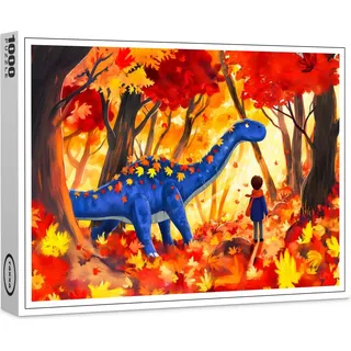 raxxa Premium-Puzzle "Anime boy walking dinosaur autumn forest", 1000 Teile